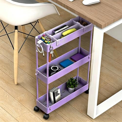 Slim Storage Cart 3 Tier,Bathroom Organizer Rolling Utility,Mobile Shelving Unit Slide Out for Office, Kitchen, Laundry Room & Narrow Places,Purple - color: Purple