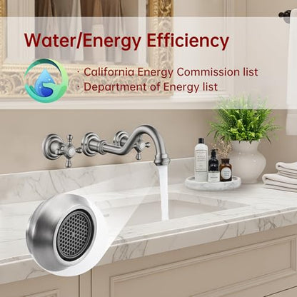 SUMERAIN Traditional Brushed Nickel Wall Mounted Bathroom Sink Faucet | 3 Holes, 2 Cross Handles, Rough-in Valve Included - color: Brushed Nickel