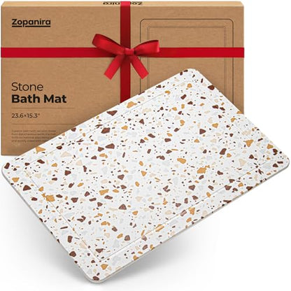 Bathroom Stone Mat Quick Dry - Diatomaceous Earth Stone Bath Mat - Anti Slip Shower Mat (Terrazzo Red) - color: Terrazzo Red
