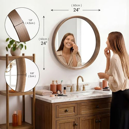 Brakki Round Wall Mirror with Wood Frame, 24" Circle Mirror for Bathroom | HD Shatterproof Glass, Hanging or Leaning, Wall Mounted Decor, for Bedroom Entryway Vanity Living Room, Walnut