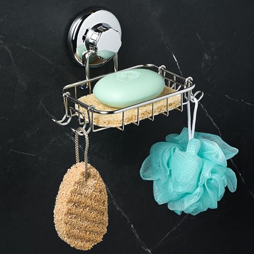 HASKO 2-Pack Suction Cup Soap Holder – Bar Soap Dish for Shower with Hooks for Bathroom – Optional Mounting with Adhesive Tape or Glue – Includes 2 Soap Savers – Stainless Steel SS304 - Silver - color: Silver (2 Pack)