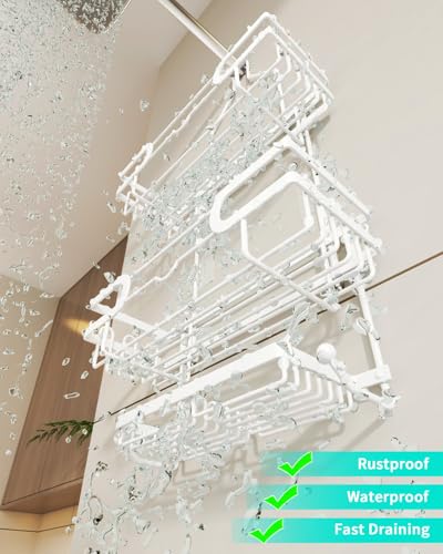 HapiRm Bathroom Hanging Shower Caddy - Rustproof Shower Shelf with 12 Hooks and 2 Soap Holders, No Drilling Bathroom Organizers and Storage - White - color: White(Large)