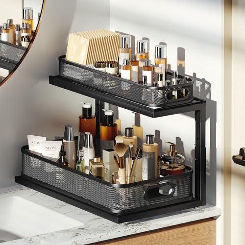 1 Pack-16"D Under Sink Storage Organizer with 2-Tier Slide Out Drawer, Sophisticated Mesh Pull Out Shelf for Kitchen & Bathroom, Fits Small Items, Upgraded Arched Track for Smooth Gliding-Black