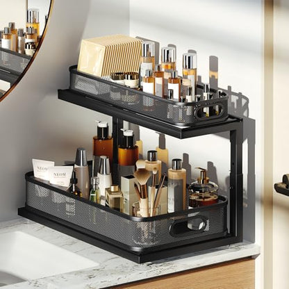 1 Pack-16"D Under Sink Storage Organizer with 2-Tier Slide Out Drawer, Sophisticated Mesh Pull Out Shelf for Kitchen & Bathroom, Fits Small Items, Upgraded Arched Track for Smooth Gliding-Black
