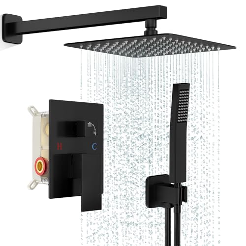 FPXRNG Shower Faucet Set Rainfall Shower System with Square Shower Head and Handle Set Rough-in Valve and Metal Trim Kit Included Matte Black 8 Inch Wall Mounted Shower Fixtures - color: Matte Black, size: 8 Inch Wall Mount Shower Head