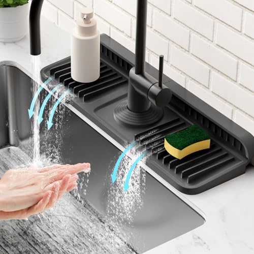 14.6 inch Faucet Mat for Kitchen Sink Splash Guard[7° Slope Fast Self-draining][Snap Lock Fit]Kitchen Sink Faucet Mat Splash Guard Kitchen Sink Area Water Splash Guard Behind Faucet Draining Mat - color: Black, size: 14.6" x 5.5"