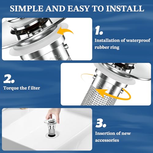 Bathroom Sink Drain Strainer,Pop Up Sink Stopper with Removable Stainless Steel Hair Catcher Basket, Anti-Clog Bathroom Sink Drain Plug for 1.1-2.36 Inch Drain Holes (Sliver 2Pcs) - color: Sliver-2pcs