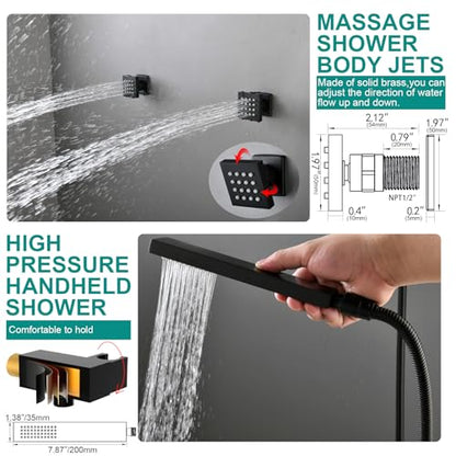 HOMEDEC 15.7x31.5" Ceiling Mounted Rainfall and 6" Wall Mounted Shower Heads with 6 Body Jets, Dual Shower Head System Rain Shower Faucet Set, Black - color: Black, style: 4-Way + 1x 6" Top