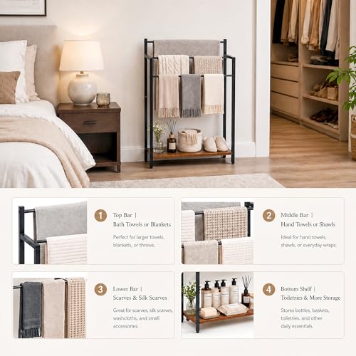 24.8" W Freestanding Towel Rack with Rustic Brown Wood Shelf | 3 Tier Blanket Ladder Stand for Bathroom Living Room, Metal Frame - color: Rustic Brown, size: 31.5" H x 24.8" W x7.9 D