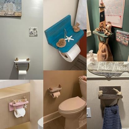 Nautical Rope Toilet Paper Holder Beach Farmhouse Bathroom Decor | Pre-Assembled Wall Mounted Coastal Ocean Starfish Rope Towel Rack Unique Tissue Roll Holder with Wood Shelf Blue - color: Rustic Sea Blue