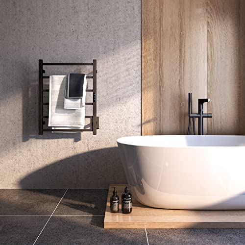 Heated Towel Rack with 24hr Timer, Matte Black, Plug-in/Hardwired | 304 Stainless Steel, Wall Mounted 6-Bar Electric Towel Warmer Rack for Bathroom, with Temperature Control, 105W