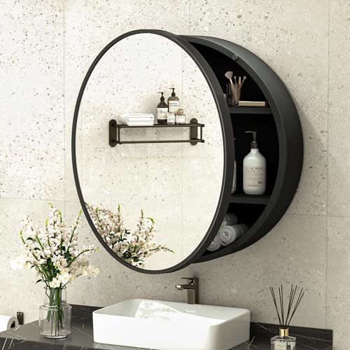 TokeShimi 24 x 24 Round Medicine Cabinet with Mirror, Black Medicine Cabinet, Circle Bathroom Mirror with Storage, Shatterproof with Metal Frame, Detachable Shelves, Wall Mounted Only - color: Black, size: Round 24 IN