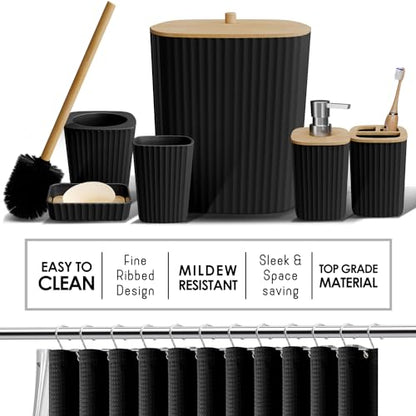 Clara Clark Bathroom Accessories Set - 27PC Bathroom Set with Adhesive Corner Shower Caddy Hanging, Bathroom Sets with Shower Curtain and Rugs, Black Shower Curtain Set with Bathroom Trash Can | 27 Piece Bathroom Sets with Shower Curtain and Rugs with Soa