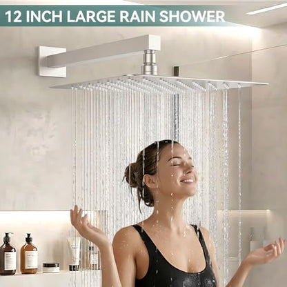 STARBATH Shower Faucet Set Shower System with Diverter Valve Brushed Nickel | 12" Wall Mount Rain Shower Head and Handheld Spray for Two Person, Shower Set with Valve and Trim Kit Complete - color: Brushed Nickel, size: 12"-01