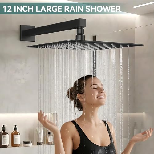 Shower System Shower Faucet Set, STARBATH 12" Wall Mount Rain Shower Head and Handheld Spray for Two Person, Rainfall Shower System with Diverter Valve and Trim Kit Complete，Matte Black - color: Matte Black, size: 12"-1