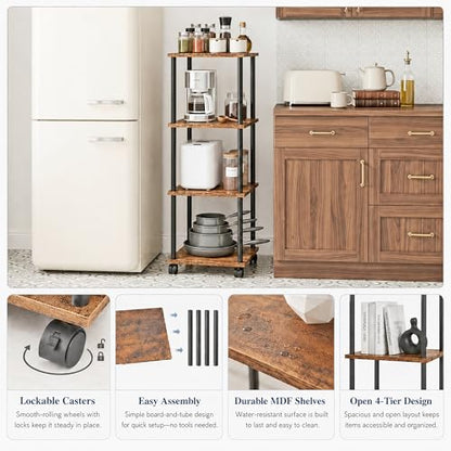 4-Tier 38.2" Tall Rustic Brown Bathroom Shelving Unit with Wheels | Wood Finish, Metal Frame, Rolling Narrow Open Shelf Design, for Laundry Room, Kitchen, Living Spaces, Easy to Move - color: Rustic Brown, size: 4-Tier