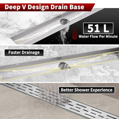 Sharp-tec Linear Shower Drain, 32 inch Shower Drain with Removable Pattern Cover, Brushed Nickel 304 Stainless Steel Rectangle Floor Drain, Adjustable Feet and Hair Strainer Included (Model 101) - color: Brushed Nickel, size: 32 inch