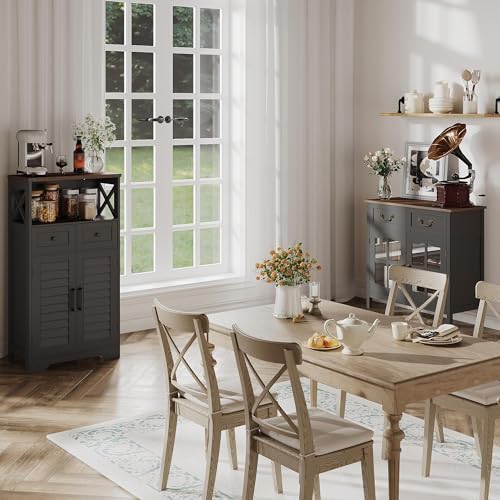 ChooChoo Farmhouse Storage Cabinet, Bathroom Floor Cabinet with Doors and Drawers, Kitchen Pantry Cabinet for Living Room, Laundry, Black