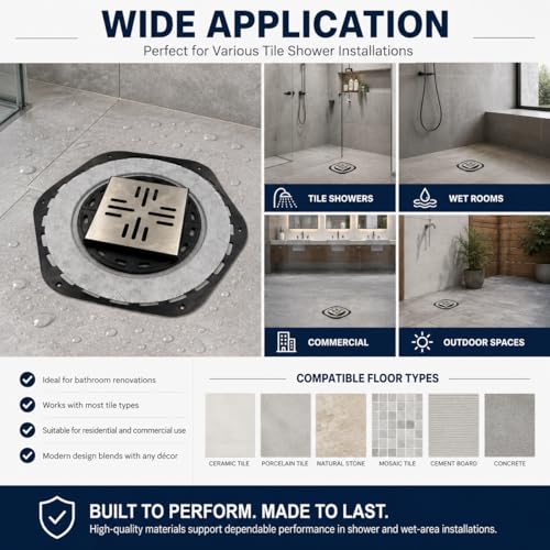 4-Inch Square Shower Drain Kit, Hex Bonding Flange, Brushed Silver | Removable 304 stainless steel grate with hair strainer; fits 2- and 3-inch pipes for tiled shower floors and wet areas - size: 4in-Brushed Stainless Steel(N)