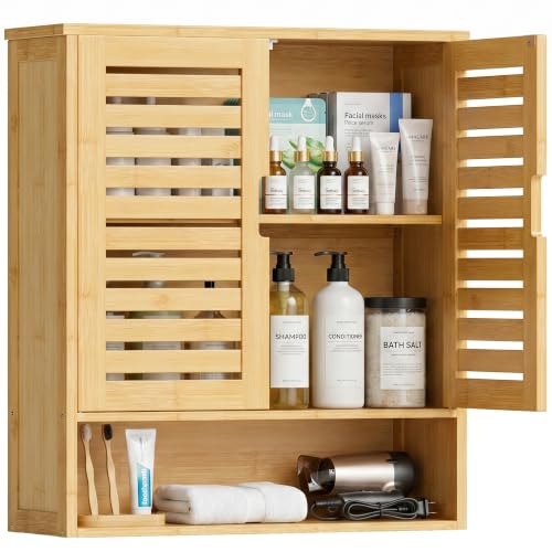 SMIBUY Bathroom Cabinet Wall Mounted, Bamboo Over-The-Toilet Storage Organizer, Space Saver Medicine Cabinet with 2 Door and Adjustable Shelves (Natural) - color: Natural