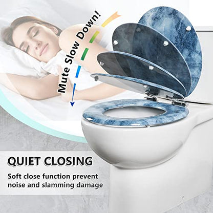 Angol Shiold ROUND Toilet Seat Molded Wood (Blue Marble) | Quiet Close Quick Release Metal Hinges, Adjustable Fit for Standard Round Toilets, Easy to Install&Clean - color: Blue Marble, size: Round-16.5“