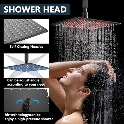 Aolemi Ceiling Shower Faucet Set with Handheld 16" LED Head Matte Black | Handheld Spray,16 Inch Rain LED Head,Shower Valve and Trim Kit,All Metal,Ceiling System,Bathroom Mixer - color: Black, size: 16 Inch LED Shower Head