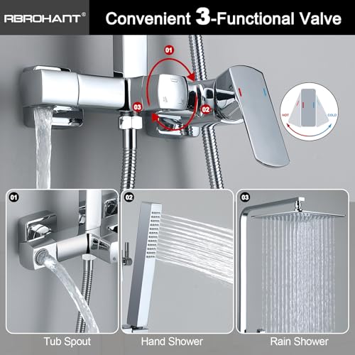 RBROHANT Polished Chrome Exposed Shower System with Tub Spout, Exposed Shower Fixtures for Bathroom with Brass 3-Functional Valve, Height Adjustable, Wall Mounted - color: Polished Chrome