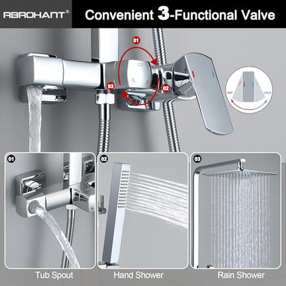 RBROHANT Polished Chrome Exposed Shower System with Tub Spout, Exposed Shower Fixtures for Bathroom with Brass 3-Functional Valve, Height Adjustable, Wall Mounted - color: Polished Chrome