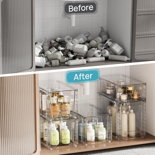 Vtopmart 3 Pack Clear Stackable Storage Drawers,Easy to Assemble Bathroom Organizers and Storage with handles,Plastic Drawers for Kitchen Pantry,Cabinet,Under Sink Organization | Tall, Medium and Small Pull-Out PET Drawers with Stackable Design for Bathro