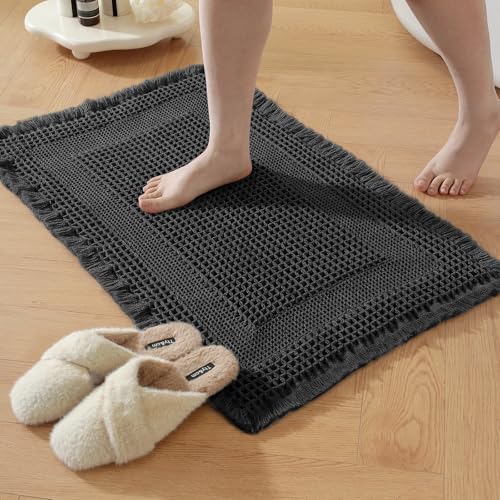 Waffle Bath Mat Non-Slip Quick-Dry Rugs Hallway Bedroom Black | Super Absorbent,Machine Washable, Quick Drying,Soft Fabric Waffle Weave,with Tassels,20" x 32",for Hallway,Bedroom,Laundry - color: Black, size: 20" x 32"