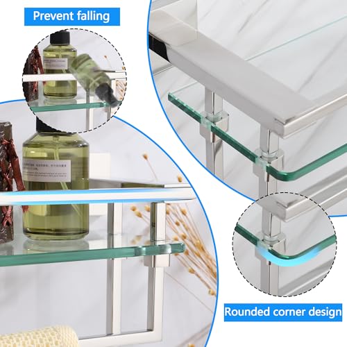 LANC Bathroom Shelf with Towel Bars - 20-Inch Silver Floating Tempered Glass Shelves with 2 Rails for Bathroom Kitchen Accessories Organizer Glass Rack Wall Mount Stainless Steel Chrome, A7617CP - color: Chrome Polished