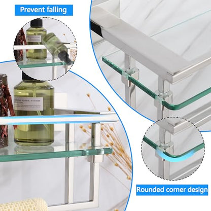 LANC Bathroom Shelf with Towel Bars - 20-Inch Silver Floating Tempered Glass Shelves with 2 Rails for Bathroom Kitchen Accessories Organizer Glass Rack Wall Mount Stainless Steel Chrome, A7617CP - color: Chrome Polished