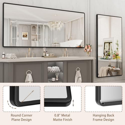 pertetey 77 x 36 in Rounded Rectangle Bathroom Mirror, Black Metal Frame | Black Metal Frame, Rounded Rectangle Design, Tempered Glass, Wall Mounted - size: 77"L x 36"W