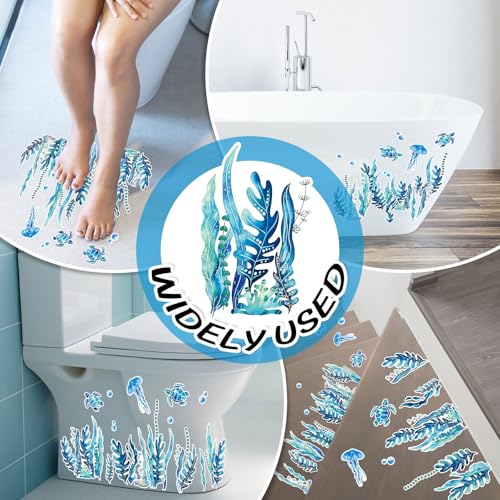 AnyDesign Non-Slip Bathtub Stickers Under The Sea Adhesive 20Pcs Blue Ocean Animal Seaweed Turtle Anti Slip Shower Tread Adhesive Applique Decal with Scraper for Summer Bathroom Floor