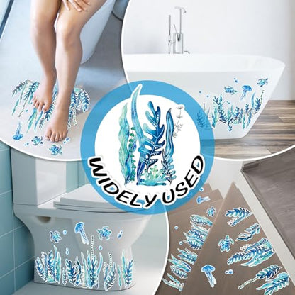 AnyDesign Non-Slip Bathtub Stickers Under The Sea Adhesive 20Pcs Blue Ocean Animal Seaweed Turtle Anti Slip Shower Tread Adhesive Applique Decal with Scraper for Summer Bathroom Floor