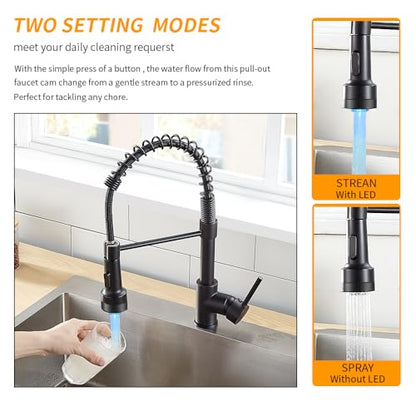 Kitchen Faucet with Pull Down LED Light Sprayer Black | Stainless Steel NSF Certified,1 Handle Faucet,Farmhouse Camper Laundry Utility Rv Wet Bar Sinks,Deck Plate 1,3 Hole - color: A - Black