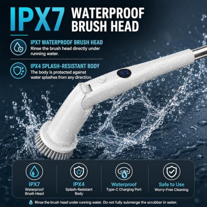 Electric Spin Scrubber, High Torque Deep Cleaning Scrubber, Cordless Cleaning Brush with Adjustable Handle & 7 Replaceable Heads, Heavy-Duty Bathroom Scrubber for Bathroom Cleaning (White)