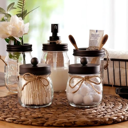 Amolliar Mason Jar Bathroom Accessories Set, 4Pcs Glass Bathroom Set,Bronze | Lotion Soap Dispenser, 2 Cotton Swab Holder, Toothbrush Holder, Farmhouse Rustic Bathroom Decor, Countertop Vanity Organizer - size: Bronze, style: Standard-mouth