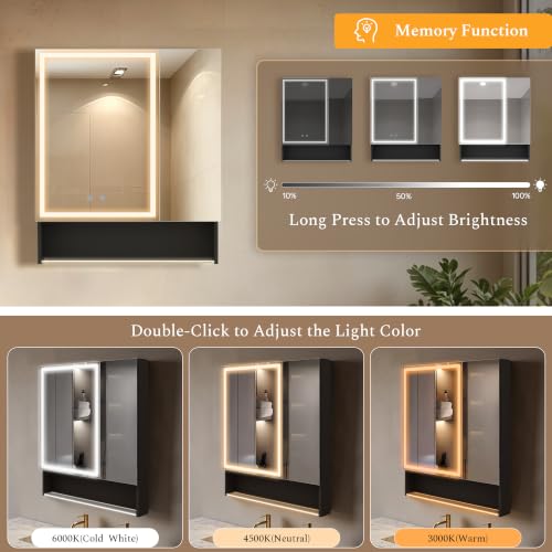 30"×34" LED Lighted Medicine Cabinet with Backlight, Adjustable Brightness 3 Color Temperature Lighting Anti-Fog Mirror 2 Socket & 2 USB Ports & Adjustable Shelf Wall Mounted - color: Backlight - 30"×34"