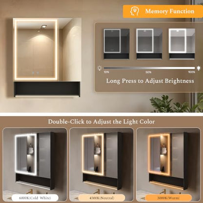 30"×34" LED Lighted Medicine Cabinet with Backlight, Adjustable Brightness 3 Color Temperature Lighting Anti-Fog Mirror 2 Socket & 2 USB Ports & Adjustable Shelf Wall Mounted - color: Backlight - 30"×34"