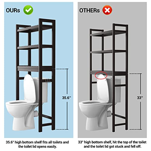 Over The Toilet Storage, Bamboo 3-Tier Over-The-Toilet Space Saver Organizer Rack, Stable Freestanding Above Toilet Stand with 3 Hooks for Bathroom, Restroom, Laundry, Espresso - color: Espresso