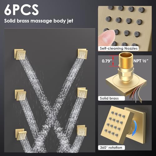 Enga Brushed Gold Rain Shower System with Body Jets, 12 inch Rain Shower Body Spray Jets System Ceiling Mounted Shower Faucet Set with 3-Function Brass Shower Valve - color: Brushed Gold, style: Ceiling Mount - 6 Jets
