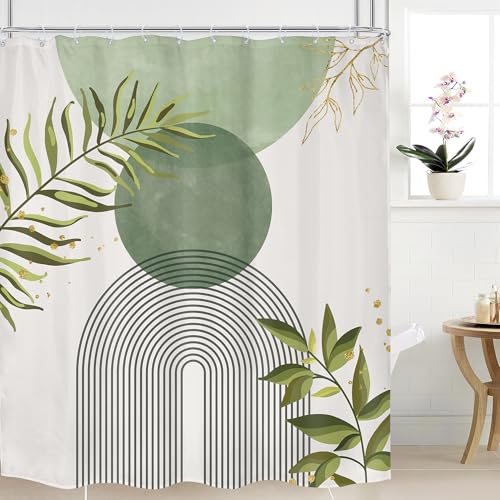 Sage Green Boho Bohemian Abstract Leaves Olive Bathroom Shower Curtain Set | Dark look; 72"W x 78"L. waterproof HD print, quick-dry fabric and free hooks for easy setup. - color: A-02sage Green, size: 72"W x 78"L (Pack of 1)