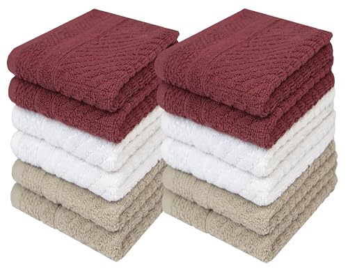 PH Pleasant Home Diagonal Wash Cloths Set - 12 Pack (12” x 12”) – 509 GSM - 100% Ring Spun Cotton Wash Cloth - Super Soft and Highly Absorbent Face Towels (Maroon, White & Tan) - color: Maroon, White & Tan, style: Diagonal