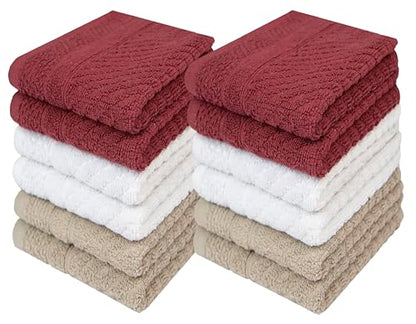 PH Pleasant Home Diagonal Wash Cloths Set - 12 Pack (12” x 12”) – 509 GSM - 100% Ring Spun Cotton Wash Cloth - Super Soft and Highly Absorbent Face Towels (Maroon, White & Tan) - color: Maroon, White & Tan, style: Diagonal