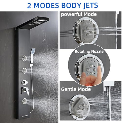 6 in1 Multi-Function Shower Panel Tower System-Brushed Black | 304 stainless steel Shower Panel Column Tower with Powerful Body Massage, Rainfall, Waterfall,Handheld and Tub Spout - color: Brushed Black, style: HSY-003