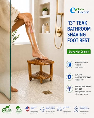 EcoDecors 13" Teak Corner Shower Bench with Shelf, Waterproof Stool | Space-saving corner shower bench with storage shelf keeps shampoo, soap, razors, and bath essentials organized