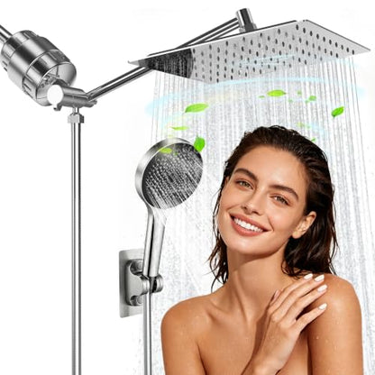 10" Shower Head with Handheld, Rain Shower Head with Filter Combe Set | High Pressure; 3 Modes Sprayer; Filtered Shower for Hard Water,Families, Pets; Adjustable Height & Angle; Easy Install;Chrome