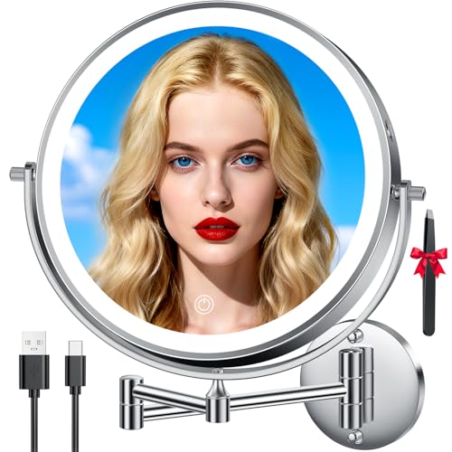 Auxmir 10″ 5000mAh 1X/30X Wall Mounted Lighted Magnifying Makeup Mirror | Double‑Sided Button, Rechargeable, 3 Dimmable Colors, 360° Rotation, Extended Arm, 30X Magnification, Bathroom, Chrome - color: 10'' 30x-chrome