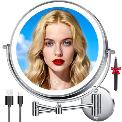 Auxmir 10″ 5000mAh 1X/30X Wall Mounted Lighted Magnifying Makeup Mirror | Double‑Sided Button, Rechargeable, 3 Dimmable Colors, 360° Rotation, Extended Arm, 30X Magnification, Bathroom, Chrome - color: 10'' 30x-chrome